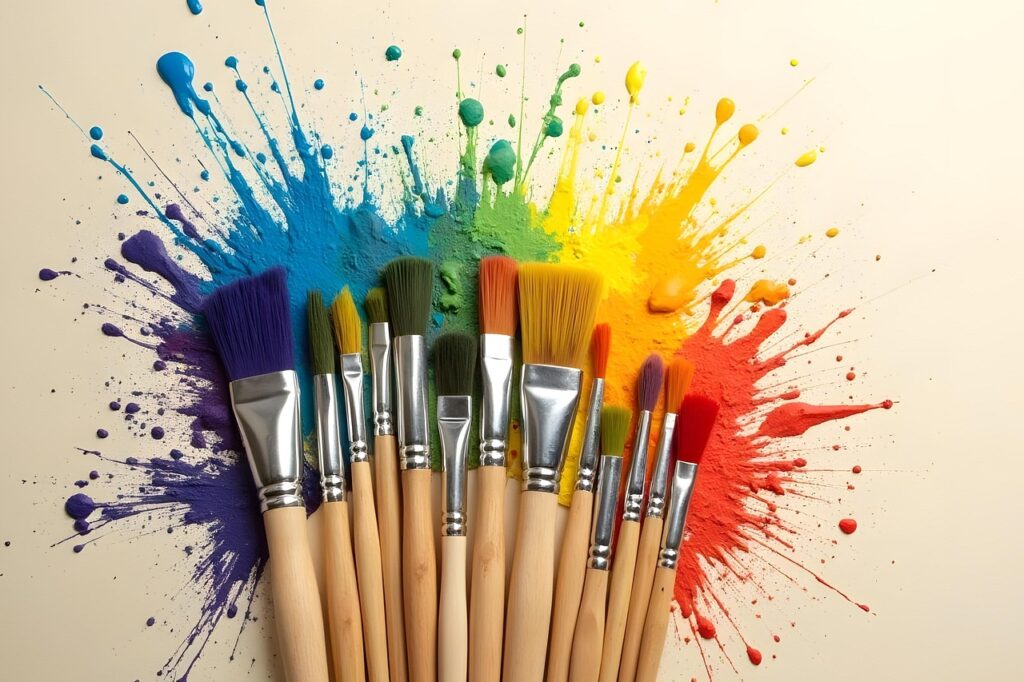 Verschiedenfarbige Pinsel und Farbkleckse