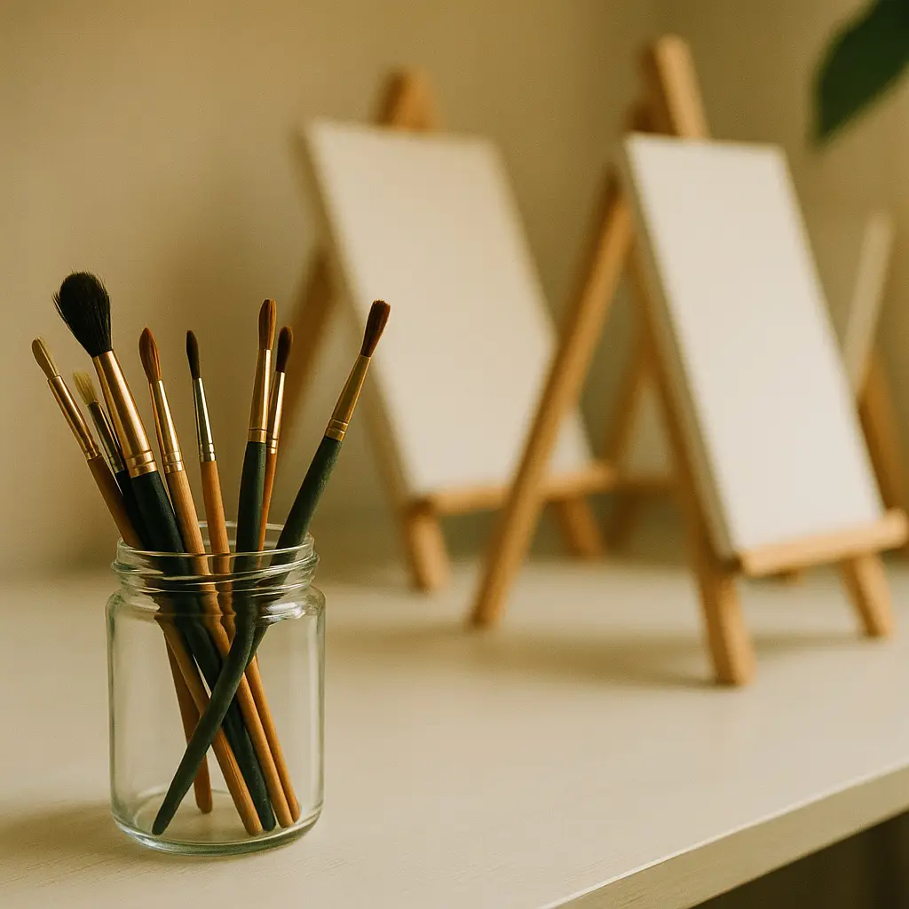 Mehrere Pinsel in einem Glas, dahinter stehen kleine Staffeleien mit leeren Leinwänden